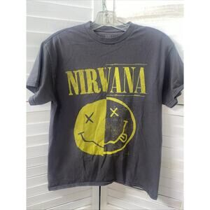 Nirvana Men's Smiley Logo Graphic Print Tee Gray w/Yellow Graphic Sz Small